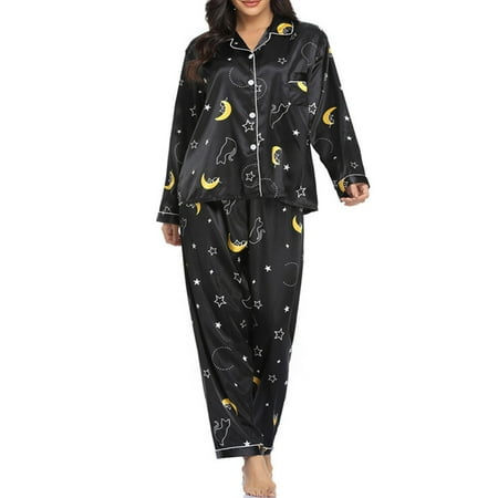 

Women Pajamas Set Long Sleeve Soft Satin Notched Collar Button Down Pjs Sleepwear