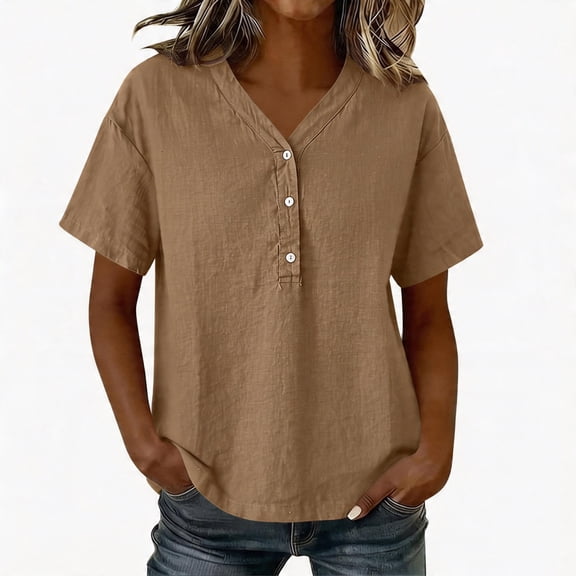 LEKWK Linen Tops for Women Short Sleeve Button V Neck Casual Shirts Lightweight Loose Fit Solid Summer Tops Fashion Beach Vacation Daily Outfits