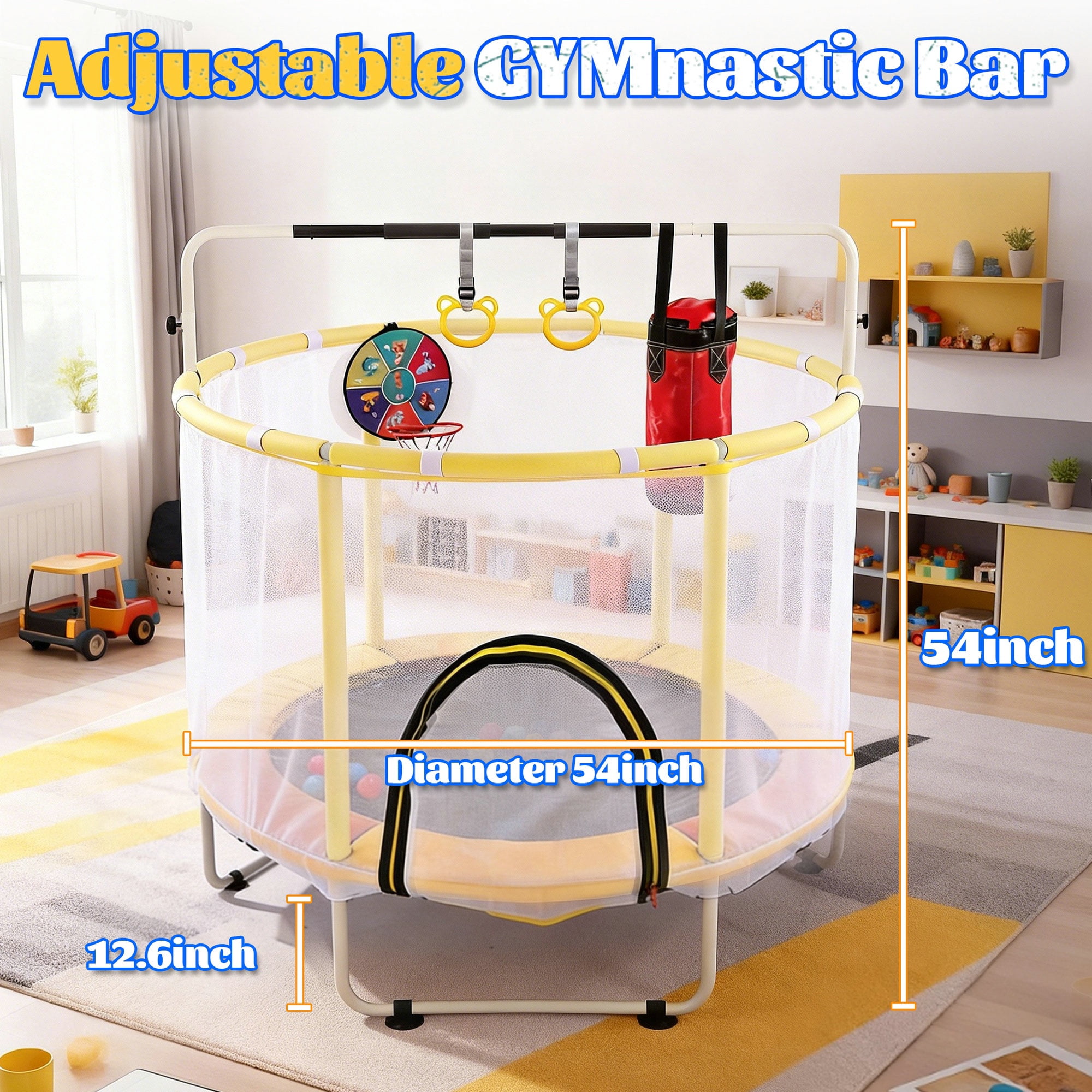 Toddler Trampoline with Basketball Hoop, Indoor Trampoline for Kids, Kids Trampoline with Enclosure Net, Backyard Trampoline with Handle, Small Trampoline for Indoor Outdoor, Mini Trampoline