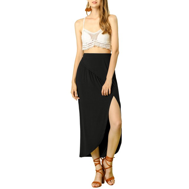 Unique Bargains Jupe Longue Décontractée pour Femmes Taille Élastique Fendue Asymétrique