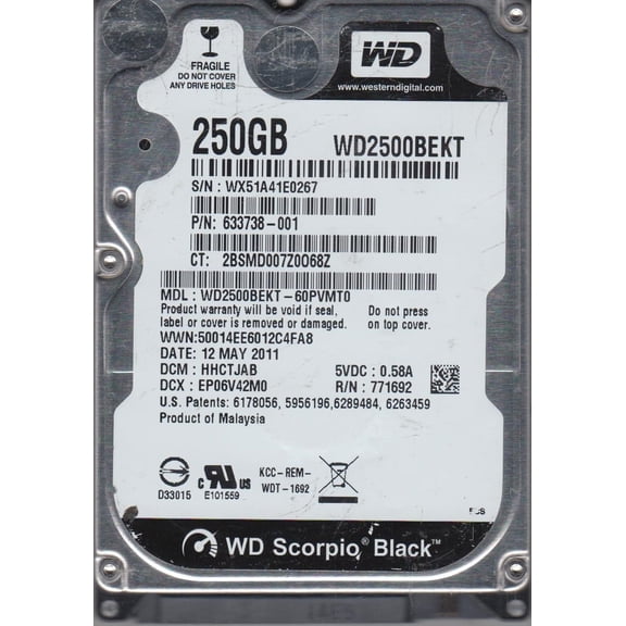 WD2500BEKT-60PVMT0, DCM HHCTJAB, Western Digital 250GB SATA 2.5 Hard Drive