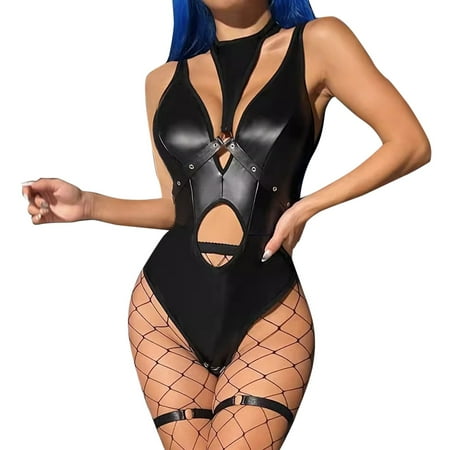 Yuhangmm Women s Mesh Splice Nightclub Spicy Girl Sexy Shaping Lacquer Leather Bodysuit Mesh Bodysuit for Women Sexy Lingerie