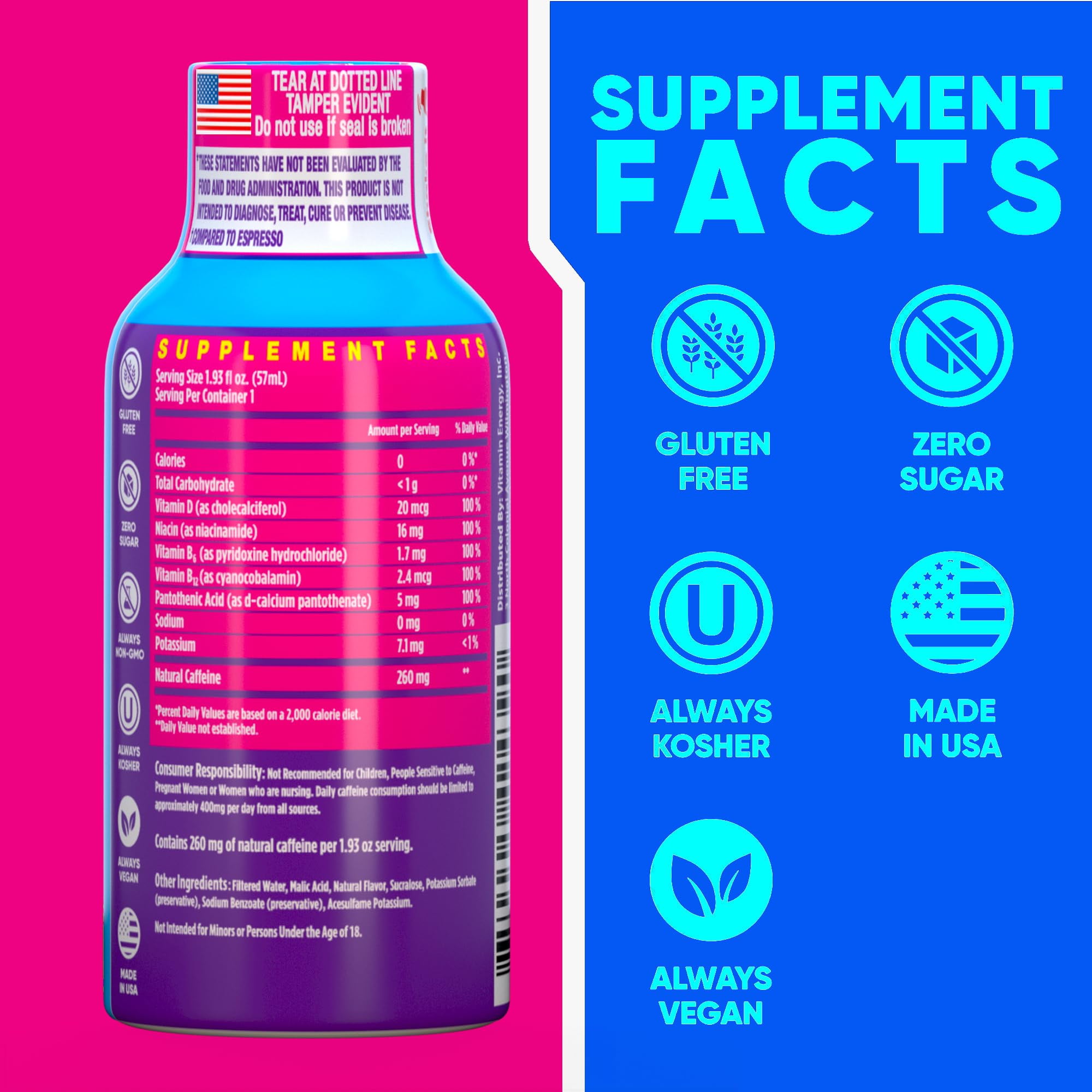 Vitamin Energy Vitamin D Extra Strength Shot, Mixed Berry, 12 Pack – 260mg Natural Caffeine, B-Complex & Vitamin D, Zero Sugar, 1.93 fl oz
