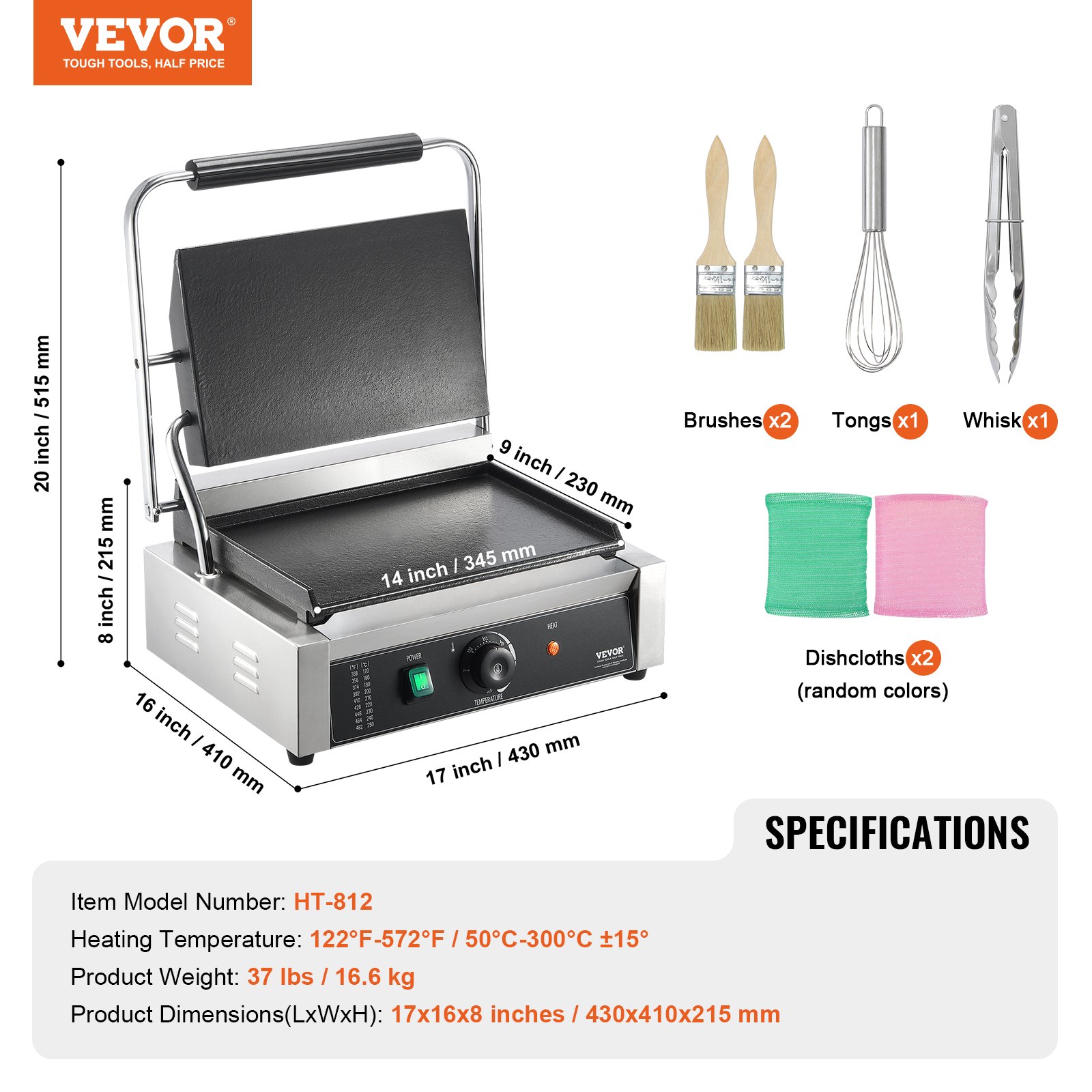 VEVOR Commercial Panini Press Grill, 14"x9" Electric Sandwich Maker Griddle Plate
