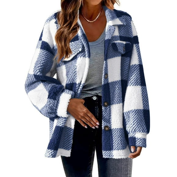 zanvin Womens Flannel Shacket Jacket Casual Plaid Wool Blend Button Down Long Sleeve Shirt Fall Clothes Outfits,Blue,M