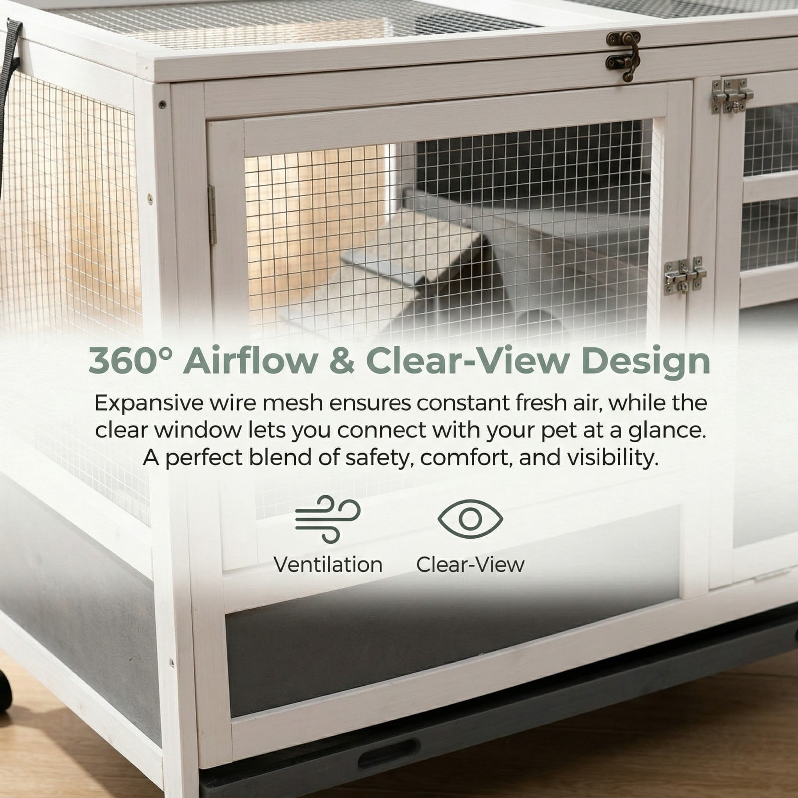 Rabbit Hutch Indoor with Chew-Proof Ramp & Leak-Proof Trays Urine Guards/Netting Floor,Doors.37 Wooden Rabbit Cage with Wheels for Rabbits, Guinea Pigs Small Animal
