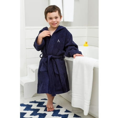 Monogram Bathrobes Linum Home Sweet Kids Turkish Cotton Terry Midnight Blue with Grey Block Monogram Hooded Bathrobe ()