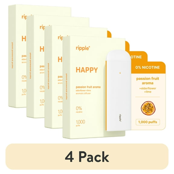 (4 pack) Ripple Passion Fruit Diffuser - 1,000 Puffs, 0% Nicotine, + Elderflower & Lime, 100% Recyclable