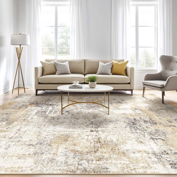 UERMEI 8'x10' Washable Area Rugs for Living Room, Modern Abstract Printed Carpet, Non Slip Indoor Rug for Bedroom Home Decor Carpets, Grey Gold