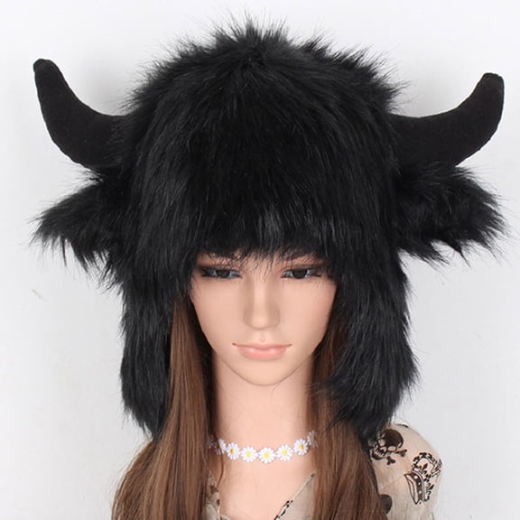 Luxshiny Black Furry Ox Horn Hat Comfortable and Windproof Warm Hat for Cosplay Party and Winter
