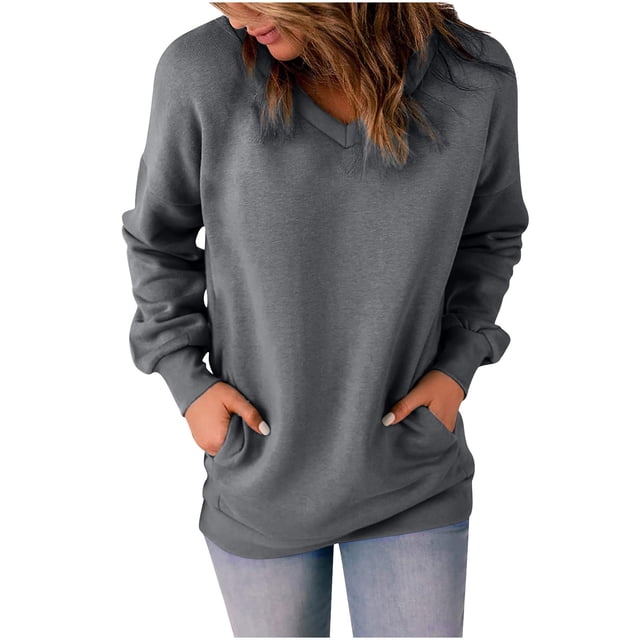 Sudadera holgada de manga larga con cuello en V de Color sólido clásico para mujer con blusa de bolsillo Pompotops FGAJ15012