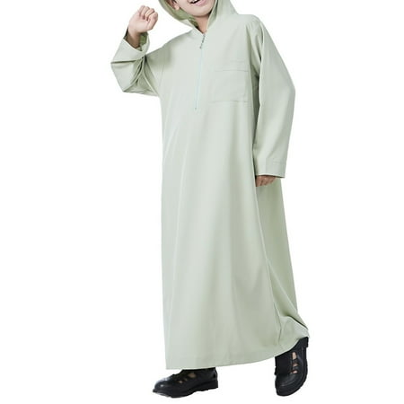XXWXYD Kids Hooded Thobe Half Zipper Long Sleeve Plain Soft Loose Abaya Muslin Dress Toddler Islami𝖼 Clothing Prayer Ramadan Eid Modest Wear Unisex