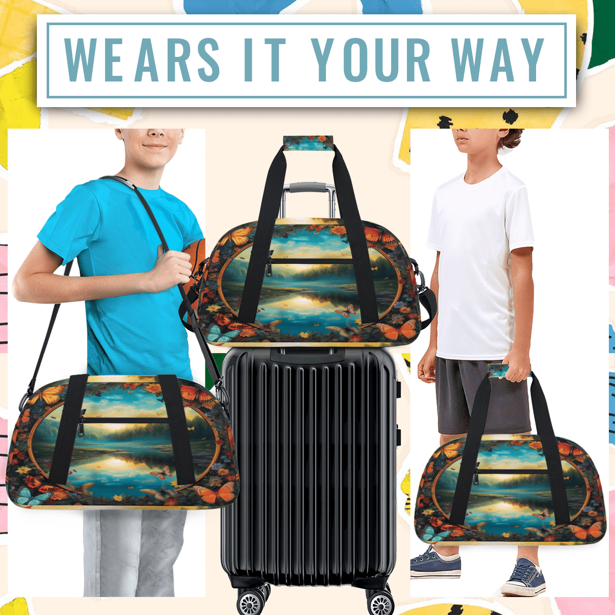 Herdesigns Landscape Sports Duffle Bag for Women & Men, Butterfly Gym Bag Dance Bag Overnight Bag Carry On Weekender Travel Bag