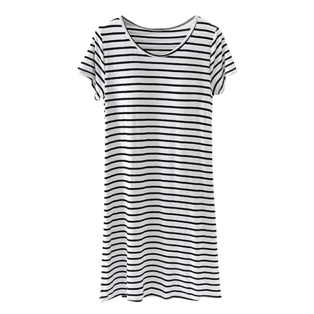 Tnhcen Robe de Pyjama à Rayures en Modal pour Femme avec Coussinets de Soutien-Gorge Intégrés - Vêtement de Nuit Doux et Confortable Col Ras du Cou Manches Courtes Tissu Extensible Facile d'Entretien Tenue Décontractée à la Maison M-3TG