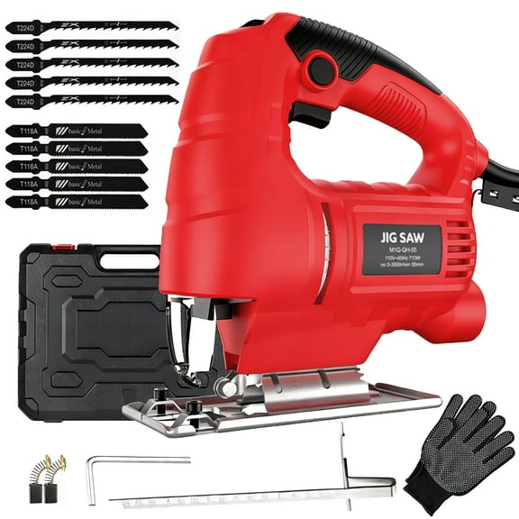 YILIFEIDA 710W Cordless Jig Saw, 3000 SPM Jig Saw with Auxiliary Ruler, 10 Blades, ±45° Bevef Cutting, Dust Blowing for Wood, Metal and Plastic Cutting
