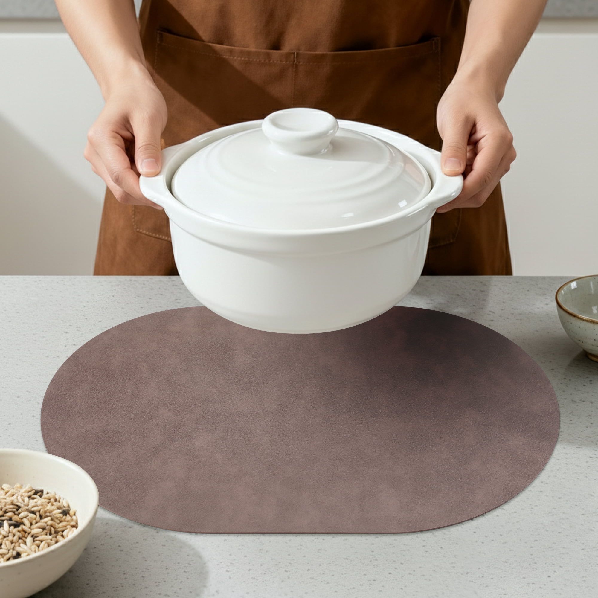 Unique Bargains 6pcs Oval Table Mats for Kitchen Dark Brown 17.3"x11.8"