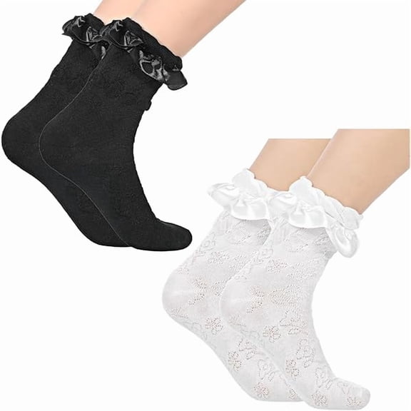 Eeyueer 2 Pairs Lace Ruffle Socks, Soft Frilly Ruffle Ankle Dress Socks for Women and Girls, Black and White Princess Style