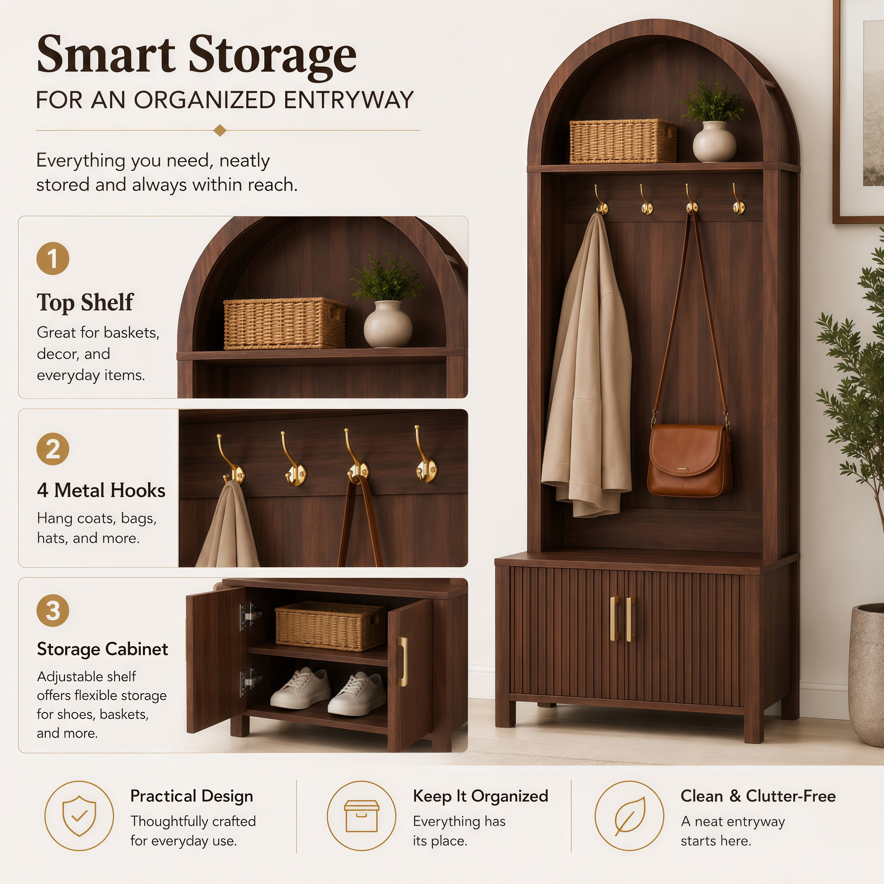 Aukfa 70.3" Arched Hall Tree with Bench and Shoe Storage Cabinet, 4 Hooks, Walnut