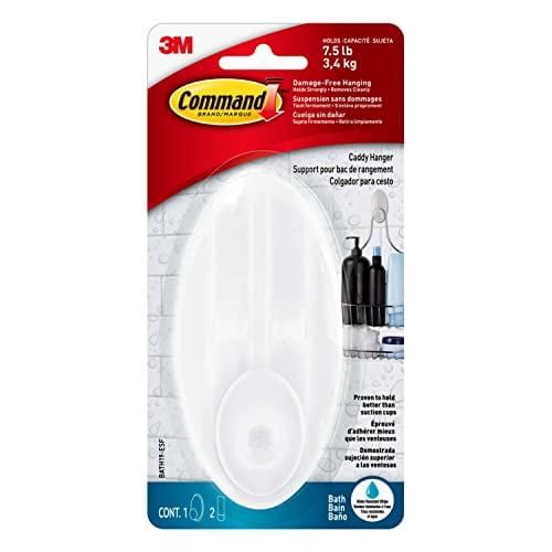 CMND BATH CADDY by Command, frosted plastic caddy hanger with water-resistant adhesive strips for damage-free bathroom organization, holds up to 7.5 lb (3.4 kg), includes 1 hanger and 2 large strips, adheres securely to glass, tile, mirror, and painted surfaces without tools or damage.