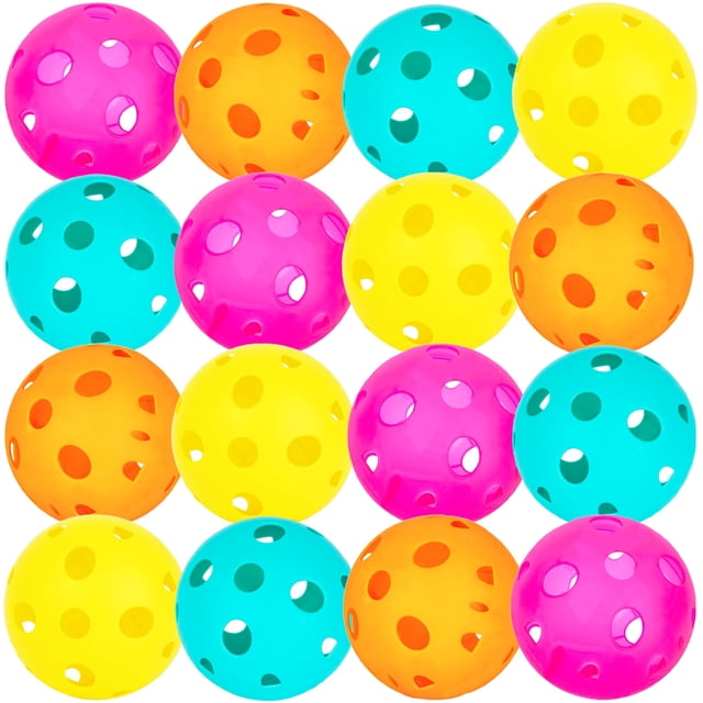 wiffle balls artcreativity bulk (paquete de 12) para juego de pelota con cuchara Paquete de 12 bolas perforadas en colores vibrantes (amarillo, naranja, azul turquesa y rosa), vista frontal centrada que muestra orificios distribuidos y superficie lisa de plástico de alta densidad; compatibles como repuesto para Scoop Ball y fáciles de localizar en playa, parque o patio trasero.