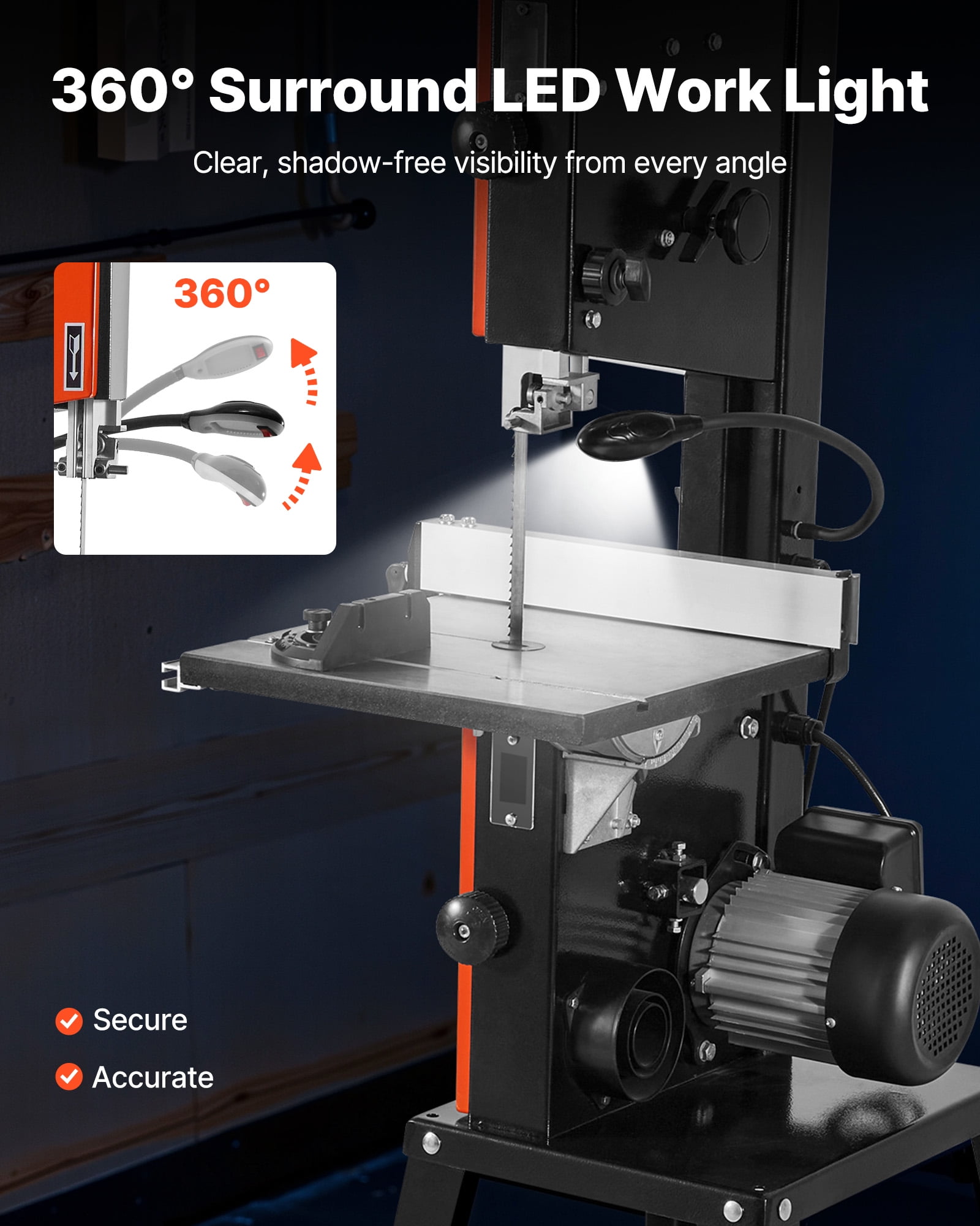 VEVOR Band Saw with Stand, 10-Inch, Two-Speed Benchtop Bandsaw, 373W 1/2 HP, 6 in Max Cutting Height, 13.2 x 13.4 in Cast Iron Table, with 360° Work Light,Miter Gauge, Fence, Band Saw for Woodworking