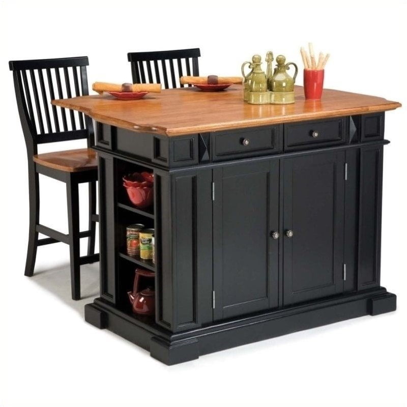 Bowery Hill Kitchen Island and Stools in Black and Distressed Oak