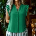 thumbnail image 2 of Womens Button Down Shirt Casual Ruffle Short Sleeve V Neck Textured Trendy Summer Tops Work Blouse (M, Green), 2 of 6