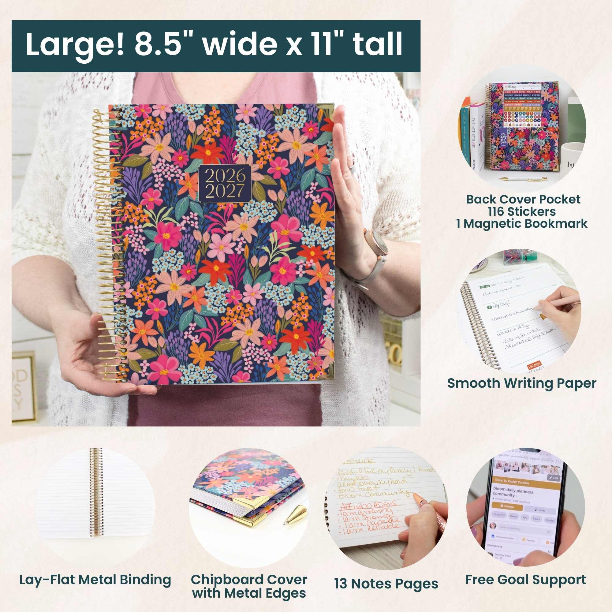 bloom daily planners 2026-2027 Academic Planner, 13-Month Monthly & Weekly Hard Cover, 8.5" x 11", Floral Fiesta