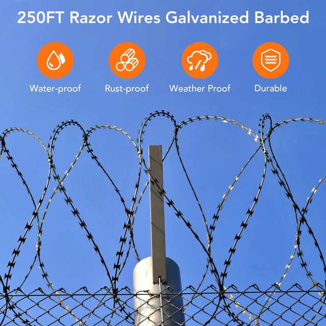 Shaver Barbed Wire Fence 250FT/500FT, Galvanized Steel High Security Perimeter Fencing with Shaver Ribbon Design, Easy Install for Farm Garden Property