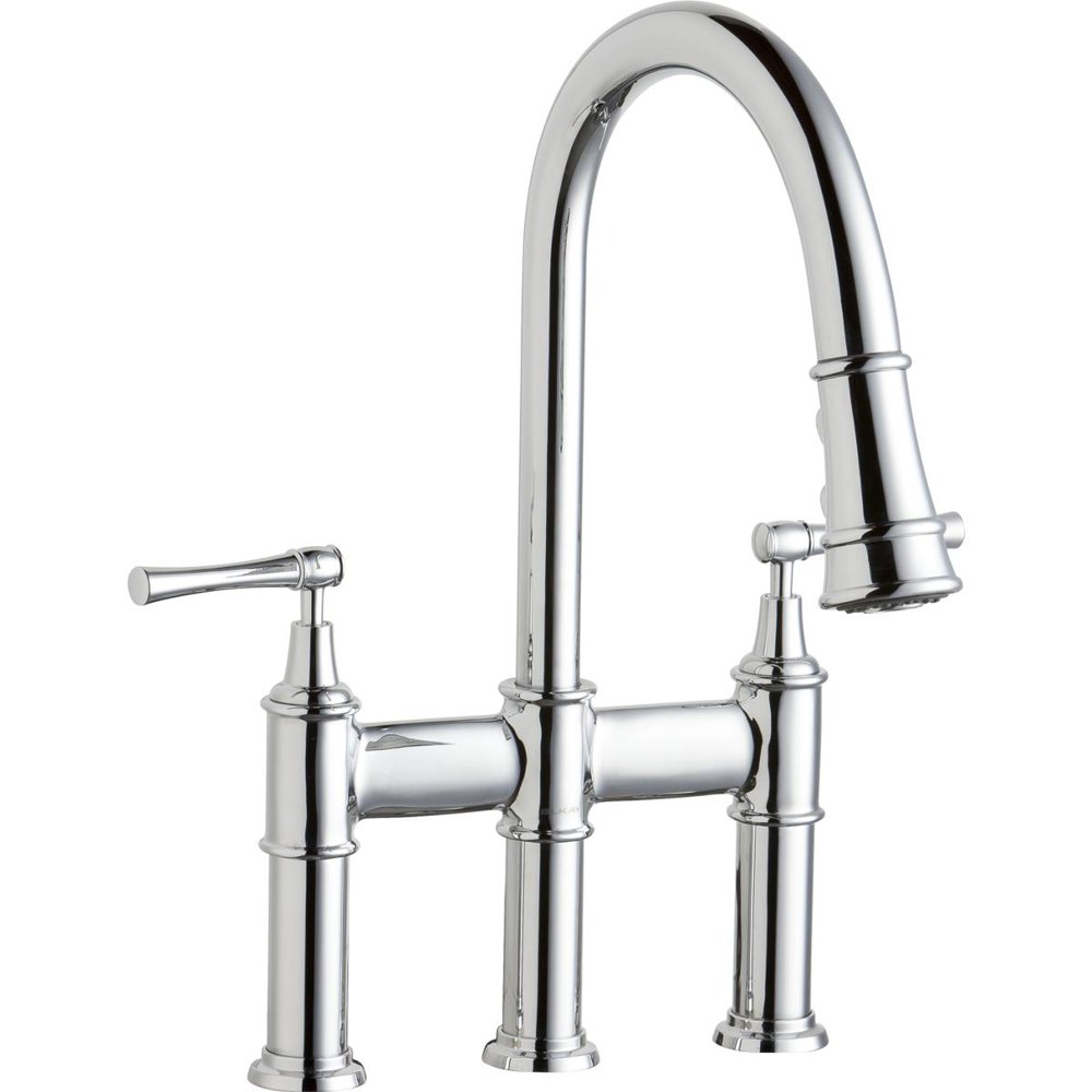 Elkay Explore Three Hole Bridge Faucet with Pulldown Spray and Lever