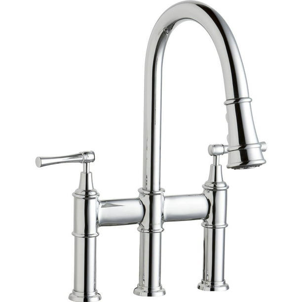 Elkay Explore Three Hole Bridge Faucet with Pulldown Spray and Lever