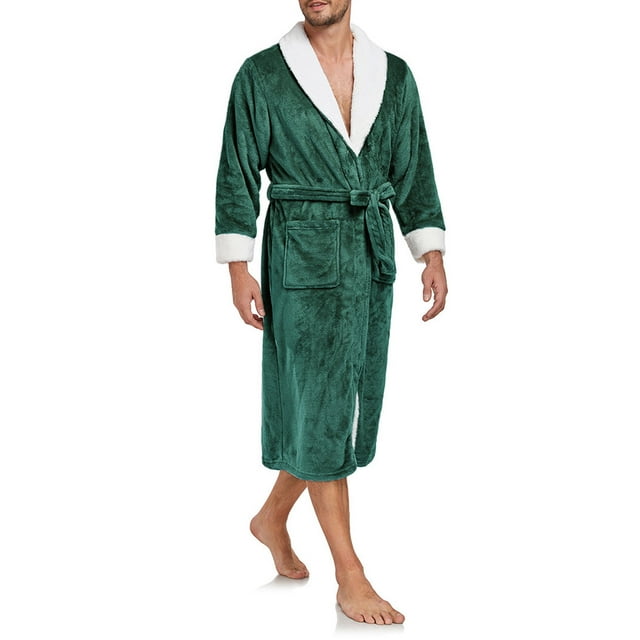 Men's Solid Color V-Neck Long Sleeve Pajama Robe with Pockets and Binding Rope - Comfortable Polyester Loungewear for Home