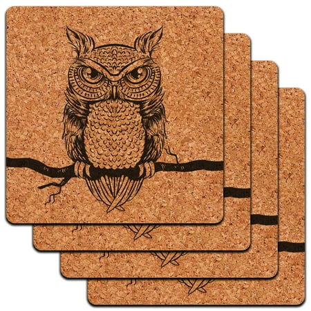Casters Antique - Owl Perched on Tree Branch Antique Rustic Tribal Low Profile Cork Coaster Set