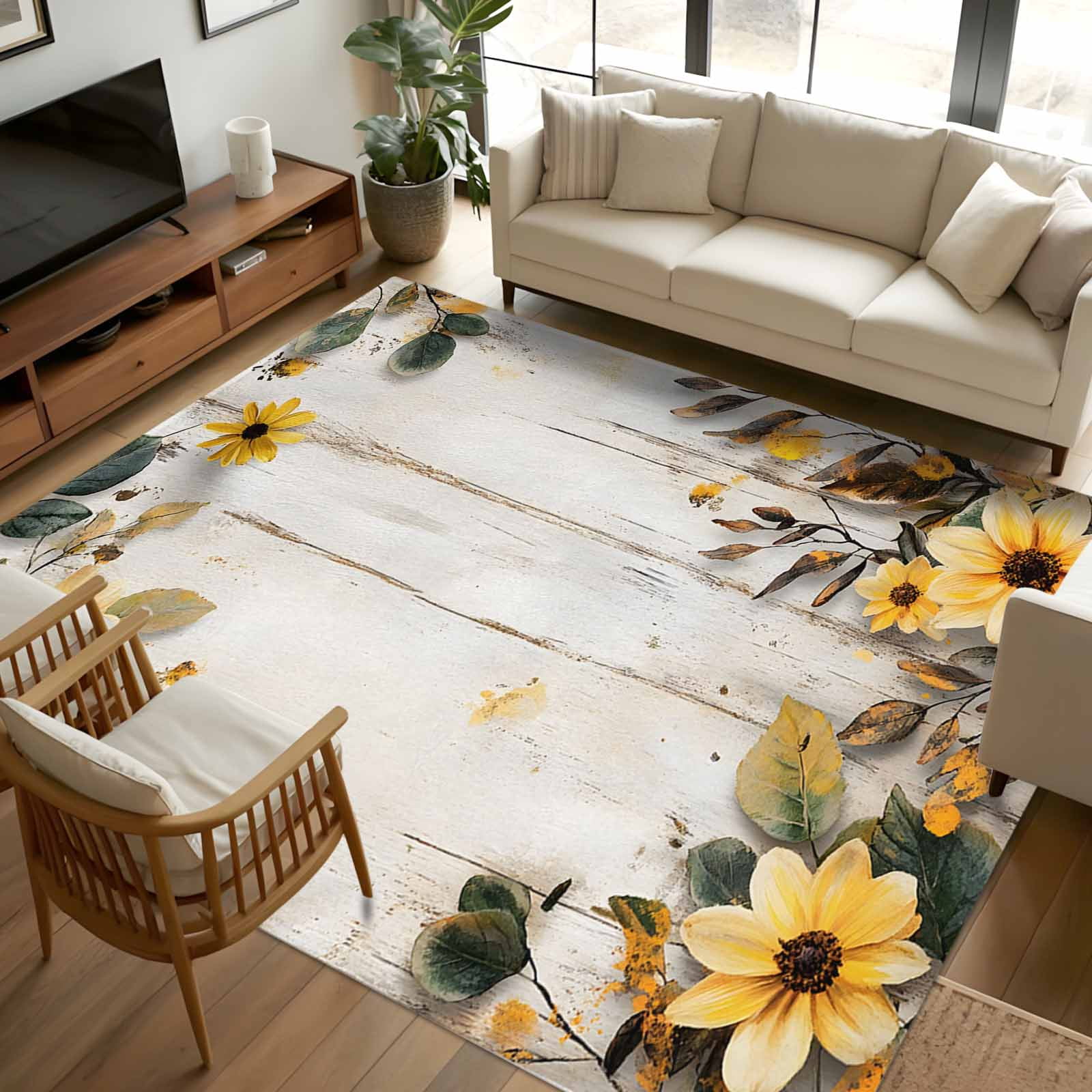 Yellow Floral Spring Area Rugs 6x9 for Living Room, Summer Rustic Botanical Vintage Wood Non Slip Washable Rug Runner, Low Pile Indoor Floor Carpet Mat Bathroom Rugs for Bedroom, Kids Room