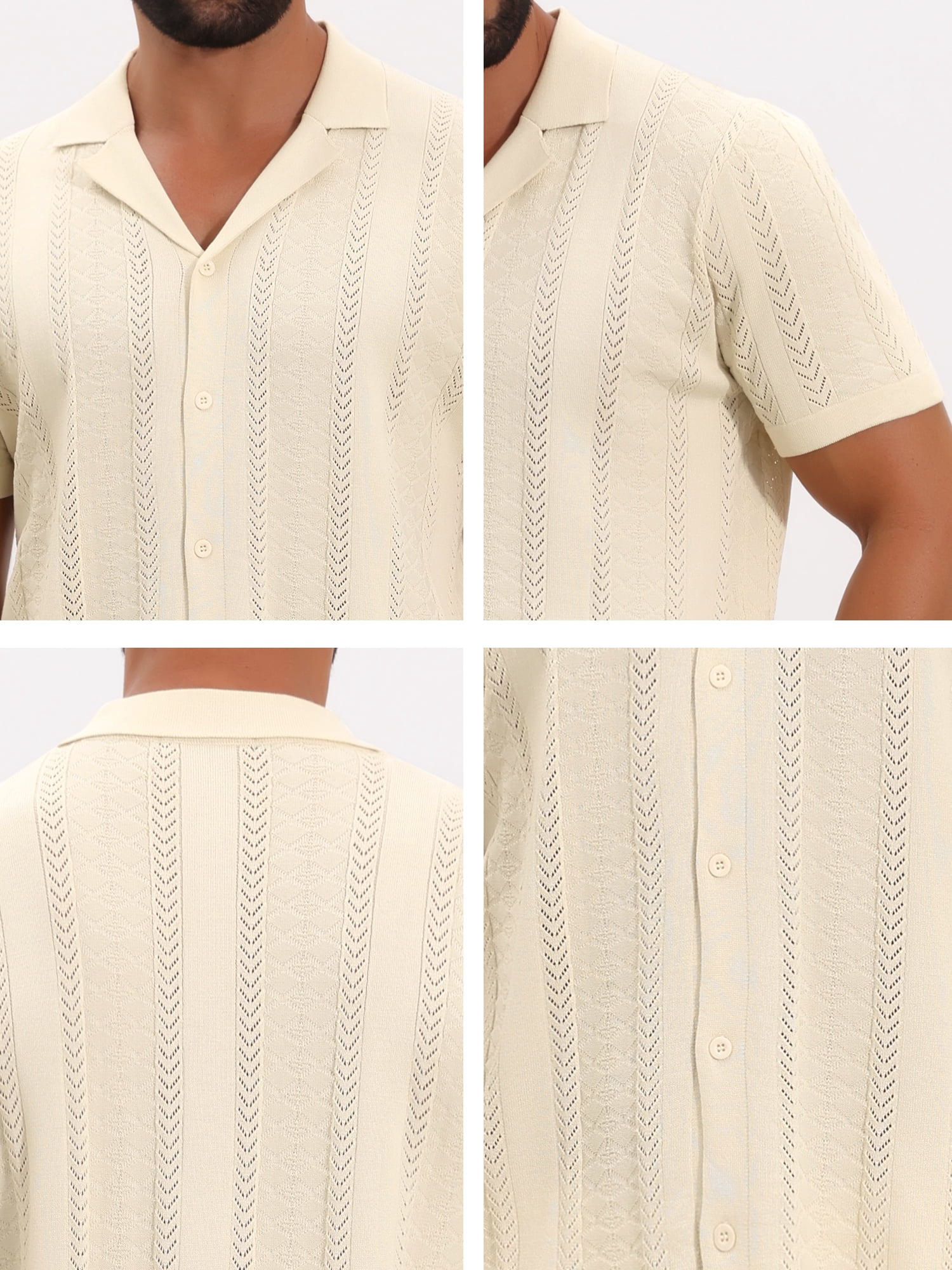 DARING DIVA Men's Hollow Knitted Shirt Short Sleeve Button Down Striped Shirts XL Beige