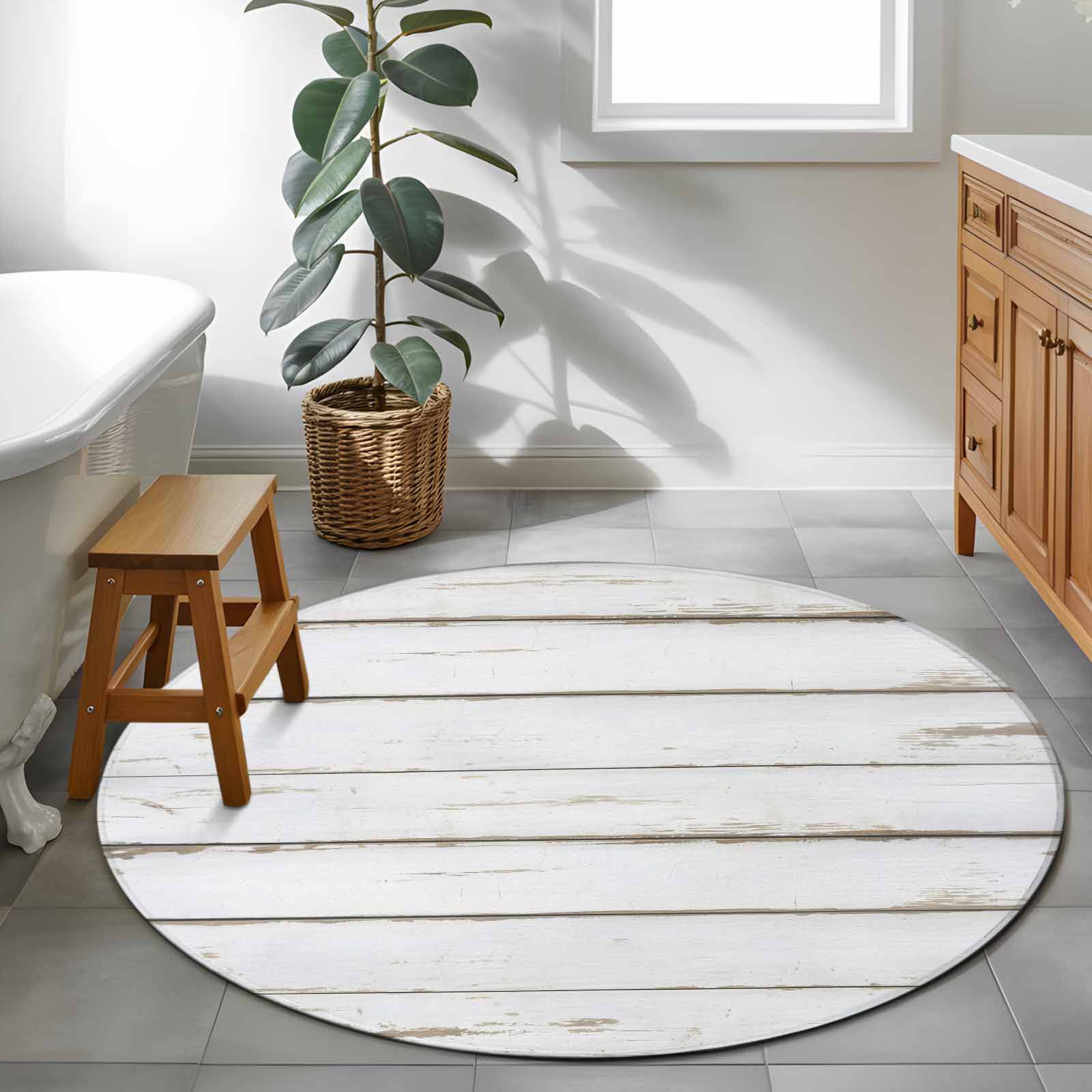 White Wood Grain Round Area Rug 3Ft Washable Small Circle Rugs for Kitchen Entryway, Vintage Farmhouse Wooden Board Non-Slip Carpet Floor Mats Indoor Outdoor Carpet Runner Aesthetic Home Decor