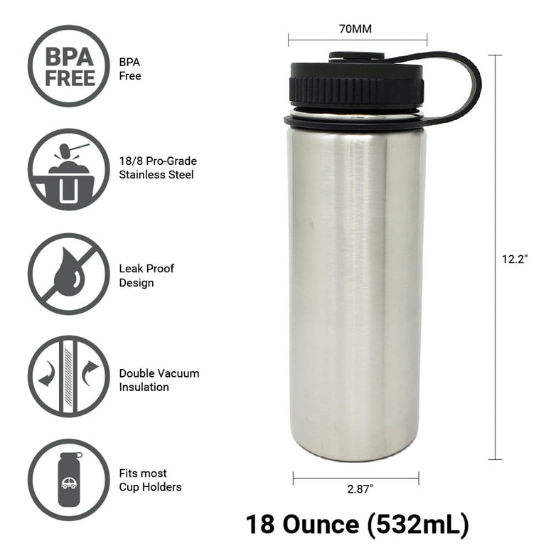 Hewado Water Bottle, Stainless Steel, 18 oz Insulated Water Bottle Double  Wall Vacuum Wide Mouth Sport Bottle with Leakproof Spout Lid, For Sport
