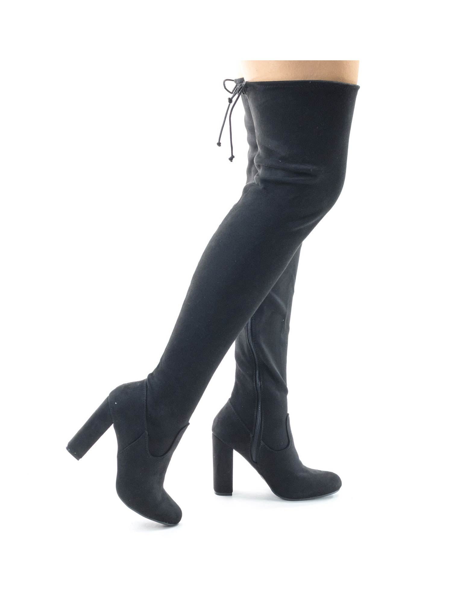 lace up detail block thigh high heeled boots