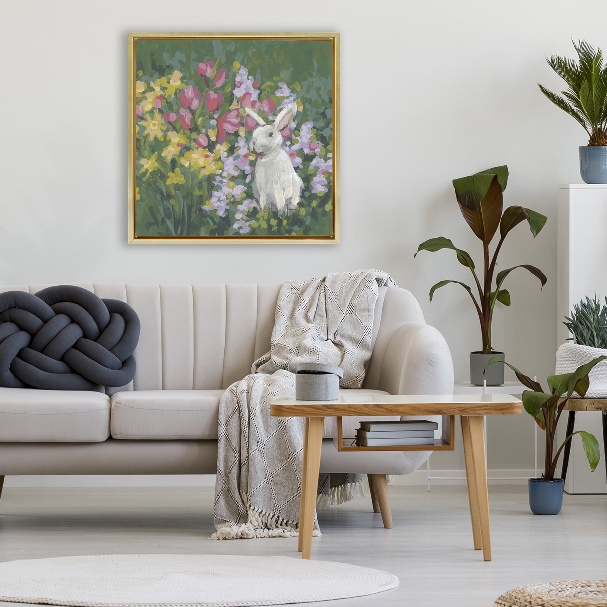 Stupell Industries Botanical Bliss Bunny Gold Framed Floater Canvas Wall Art, design by June Erica Vess