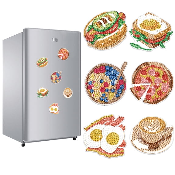6pcs Diamond Painting Kit Fridge Magnets Pizza Afternoon Tea DIY Glitter Magnetic Stickers Creative Handmade Fridge Decor Perfect for Kitchen Decor and Holiday Gifts