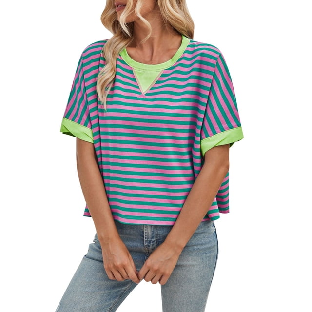 T-shirt Décontracté à Manches Chauve-Souris Rayées pour Femmes Col Rond Doux Haut d'Été pour la Maison Extérieur avec Jeans