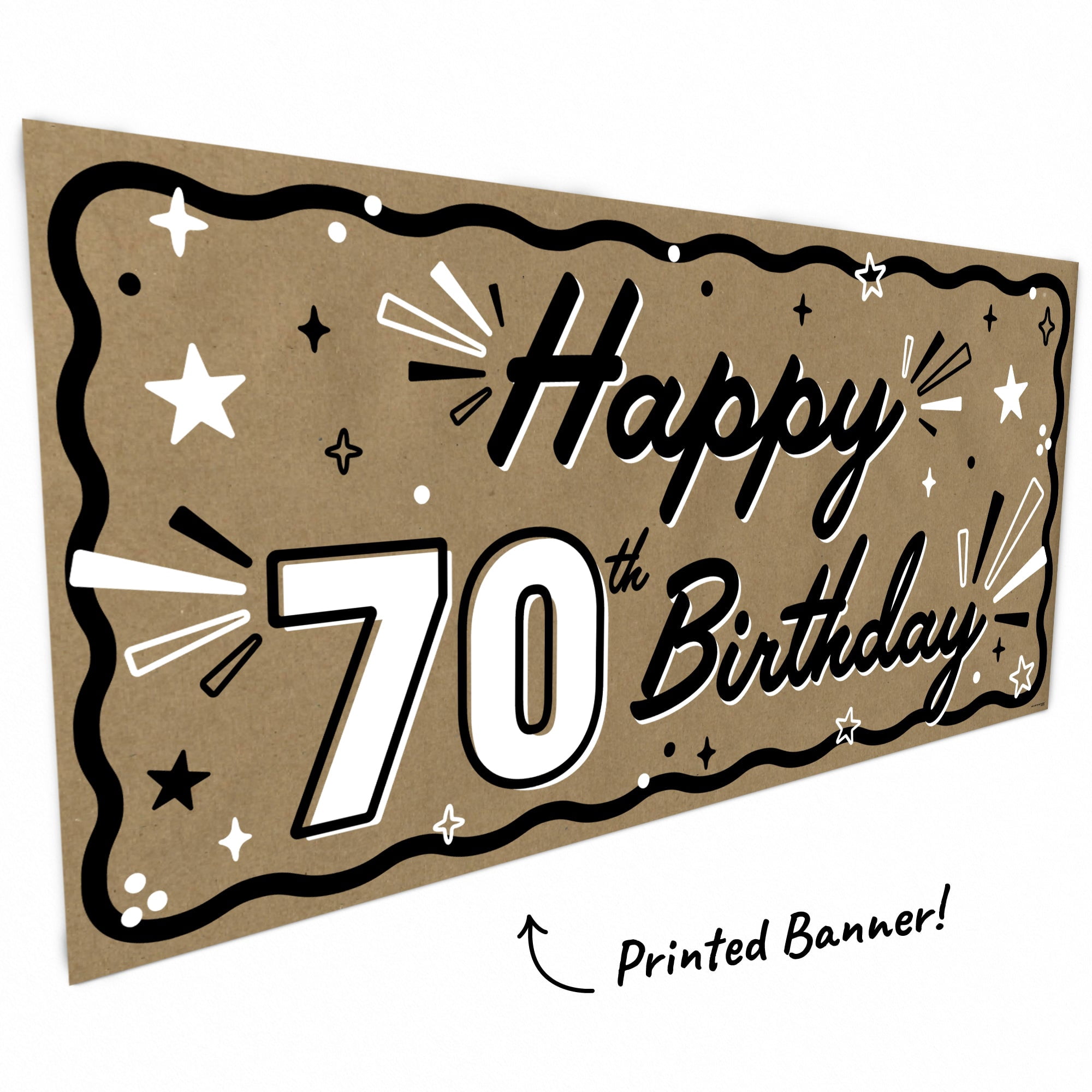 Big Dot of Happiness 70th Birthday Kraft Paper Banner, Black & White Happy Birthday Banner, Printed Brown Paper Party Sign Decoration – 1 Count