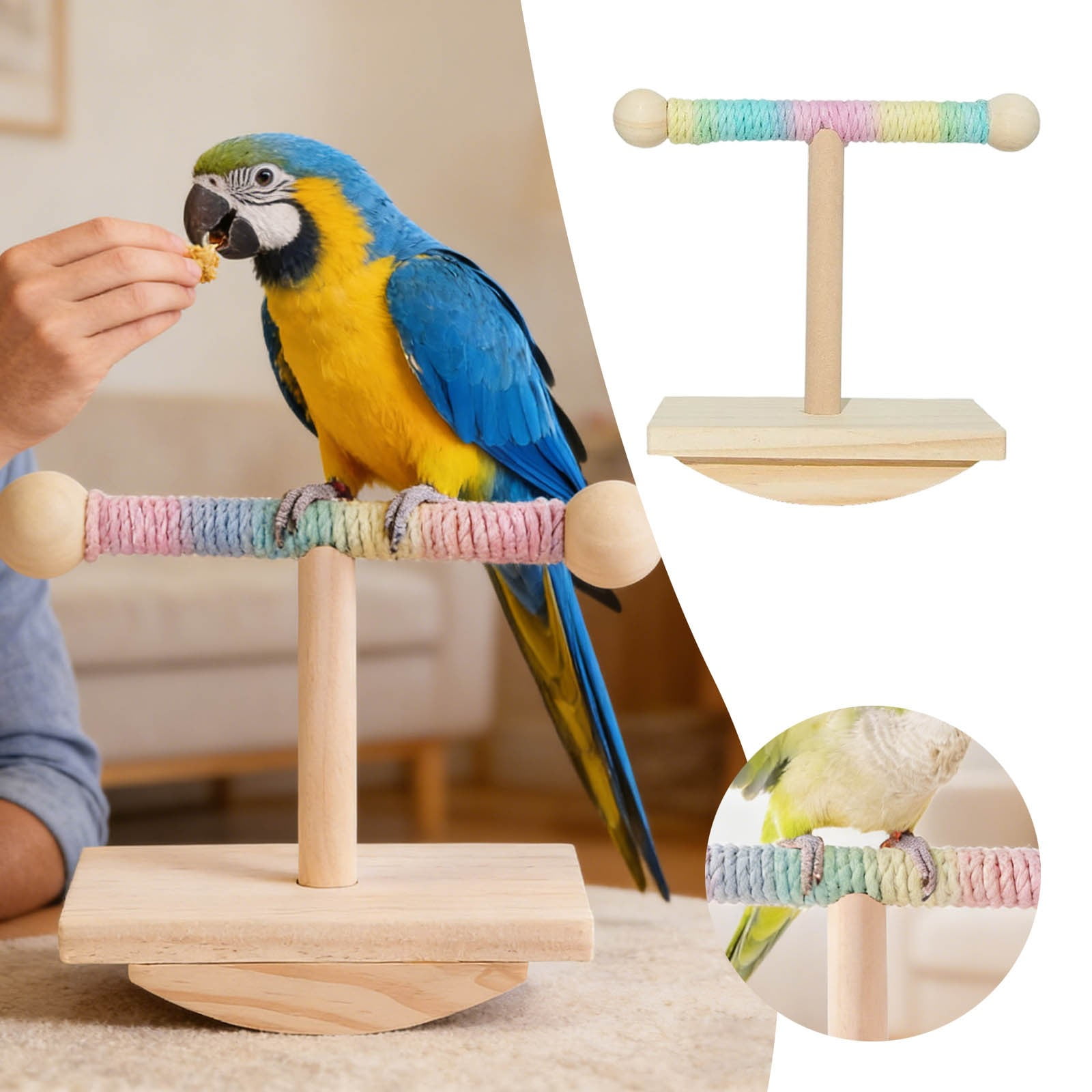 Wooden Bird Training Stand Colorful Rope Wrapped Parrot Perch Stand Interactive Bird Activity Center for Cockatiel Conure Budgie