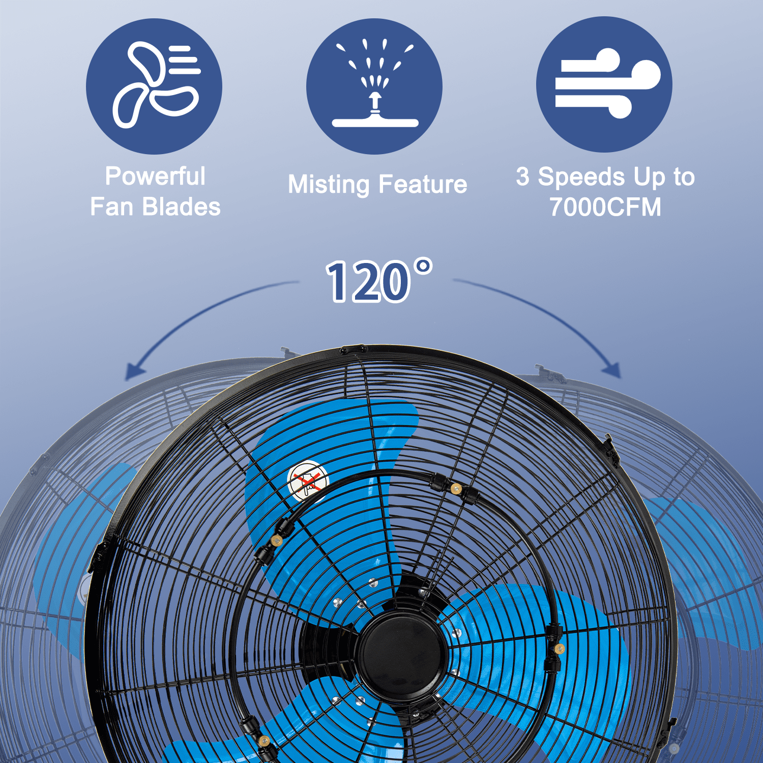 20in Wall Mount Fan with Misting, 3-Speed Industrial Wall Fan up to 7000CFM, 120°Oscillating High Airflow Cooling Fan for Garage,Home,Warehouse, Indoor/Outdoor Use, Blue