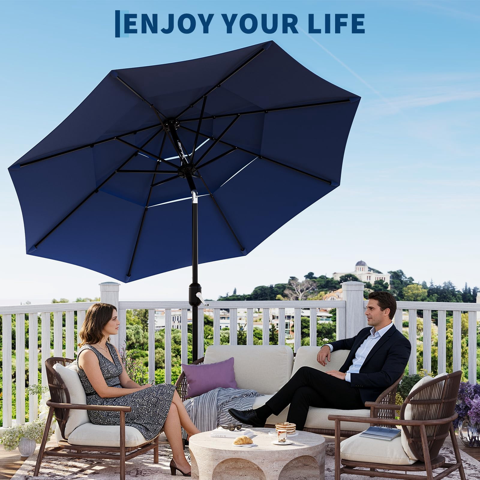 QinaQin Vented Patio Umbrella,8 Sturdy Ribs,Easy Crank & Tilt,Outdoor Market Table Parasol,Blue 1