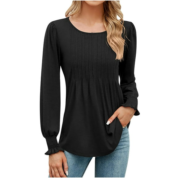 Perfectbot Blouses for Women Pleated Crewneck Puff Long Sleeves Tops Peplum Tunic Loose Fit Shirt