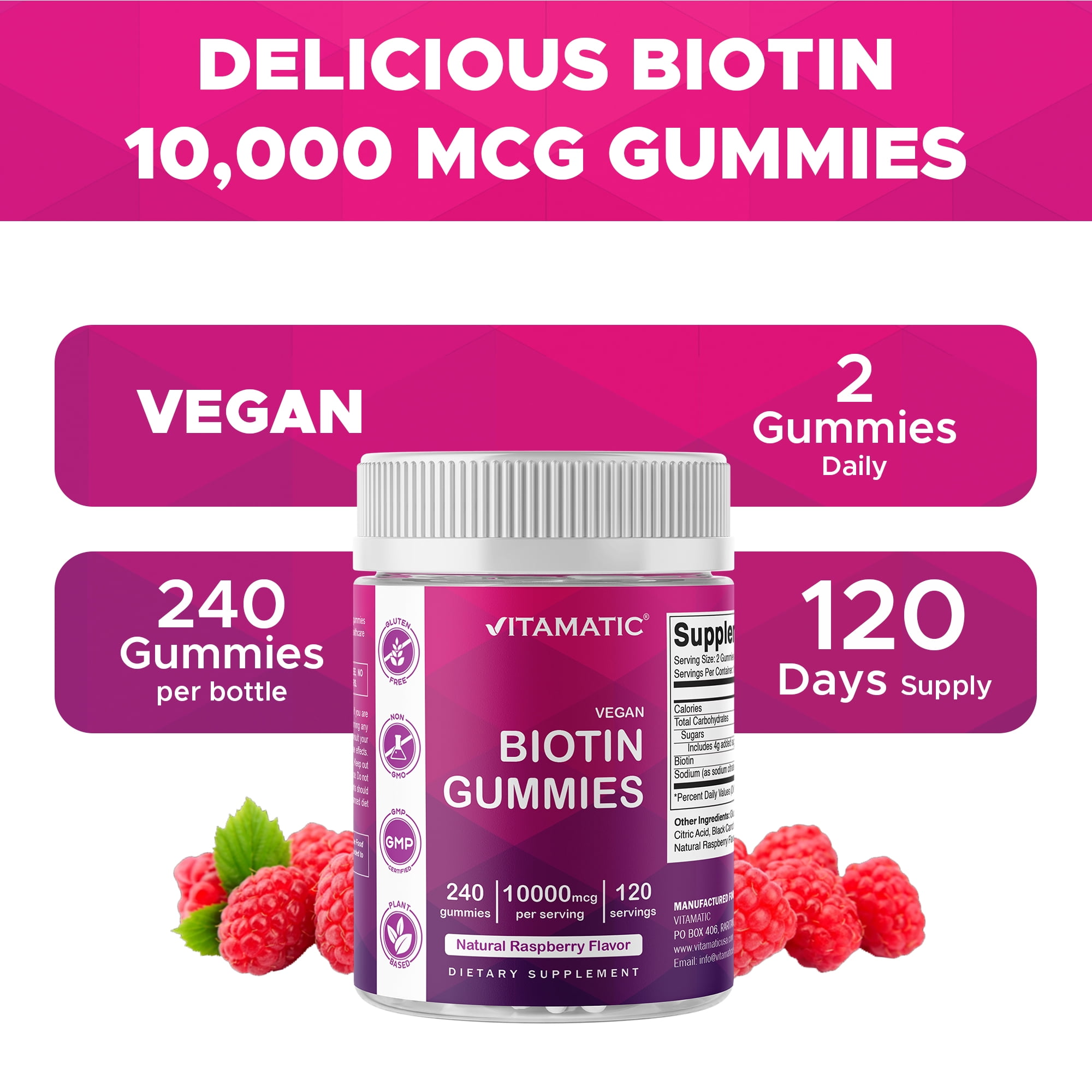 Vitamatic Biotin Gummies 10,000 mcg for Stronger Hair, Skin & Nails - 240 Vegan Gummies - Also Called Vitamin B7