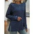 thumbnail image 2 of SHIBEVER Women Long Sleeves Blouses Fall Round Neck Sweatshirts Casual Stripe Tunic Tops Fashion Side Slit Color Block Pullover for Women, 2 of 5