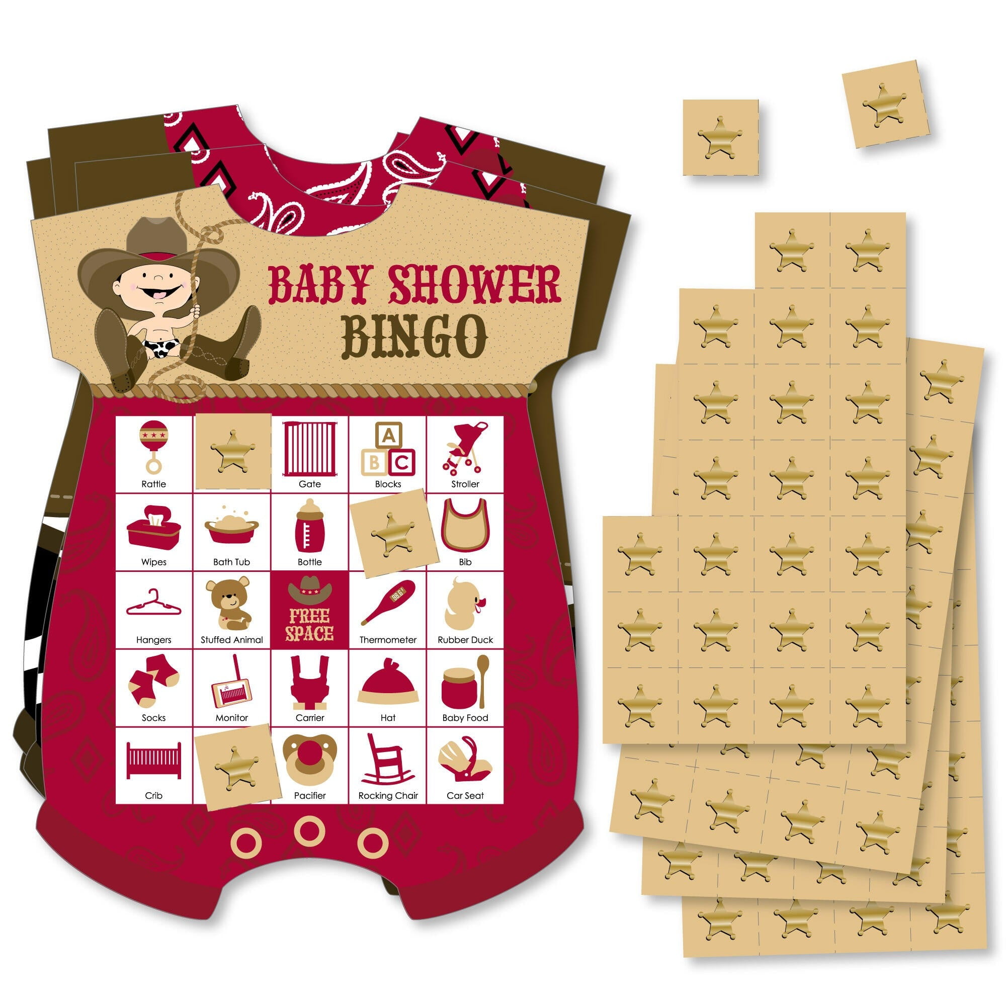 Big Dot of Happiness Big Dot of Happiness Little Cowboy - Picture Bingo Cards and Markers - Western Baby Shower Shaped Bingo Game - Set of 18