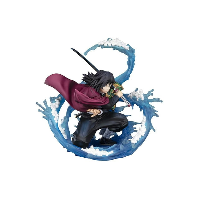 figura tomioka giyuu water breathing kimetsu no yaiba bandai figuarts zero figura coleccionable de 6.69 pulgadas mostrando a Giyu en pose de ataque con efecto de agua azul translúcido que forma ondas alrededor de la base; capa morada, kimono oscuro con patrones realistas, katana con inscripciones visibles, en caja original, apta para exhibición en vitrinas de colección.
